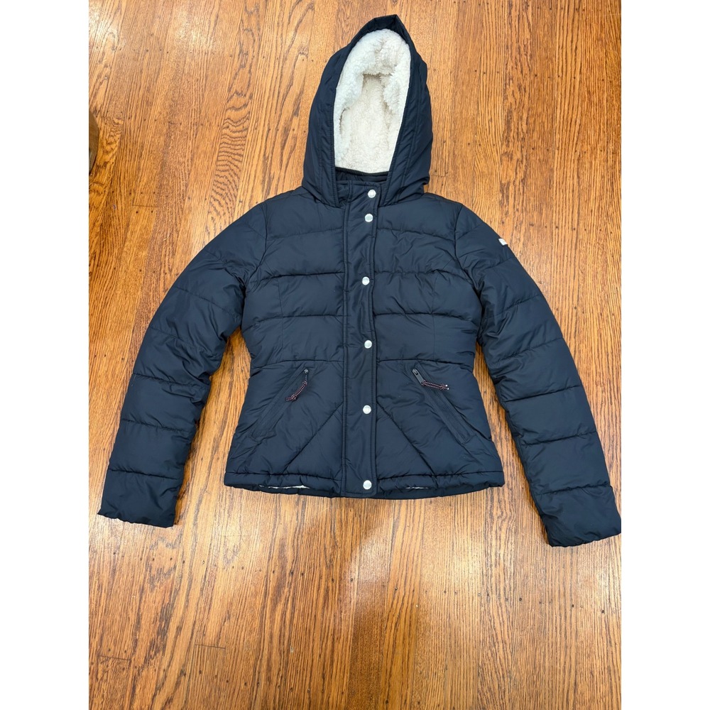 Hollister Navy Puffer Jacket Sherpa Lined Hooded Womens Small Y2K